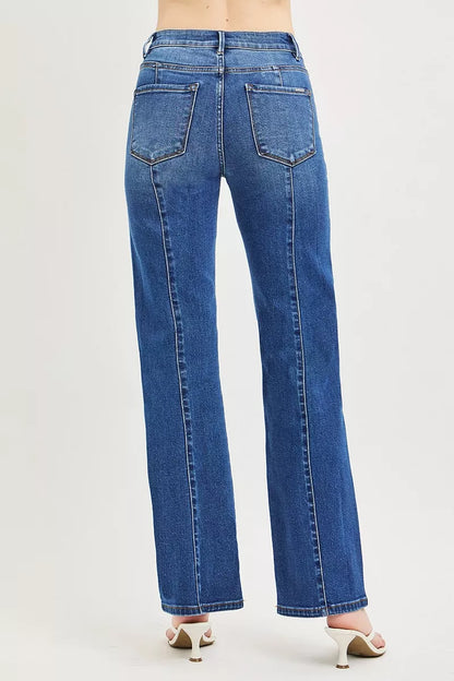 Dark Wash High Rise Straight Patch Pocket Seamed Jeans by Risen Back View