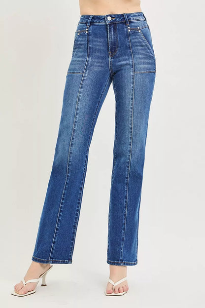 Dark Wash High Rise Straight Patch Pocket Seamed Jeans by Risen Front View