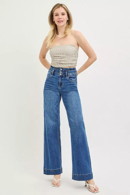 Dark Wash High Rise Wide Leg Wide Band Detail Jeans by Risen Full View