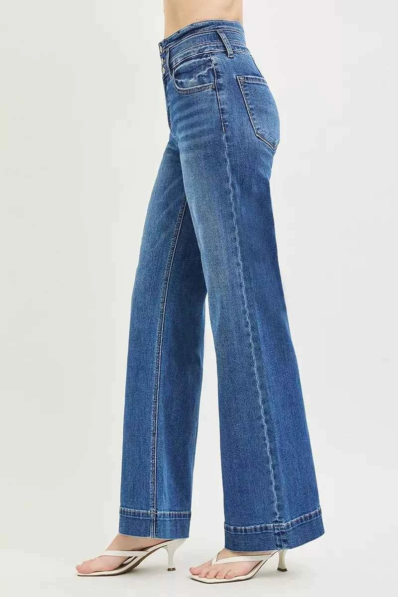 Dark Wash High Rise Wide Leg Wide Band Detail Jeans by Risen