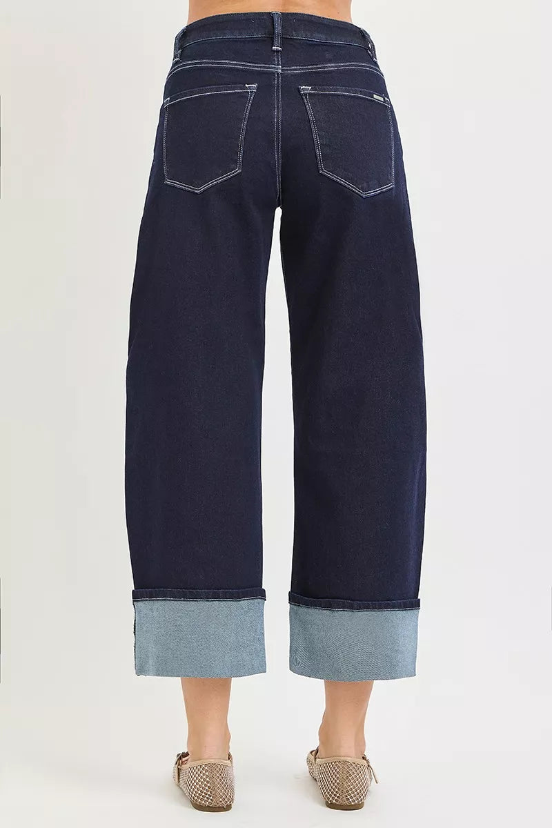 Dark Wash Slouchy Crop Barrel Cuffed Hem Jeans by Risen Back  View