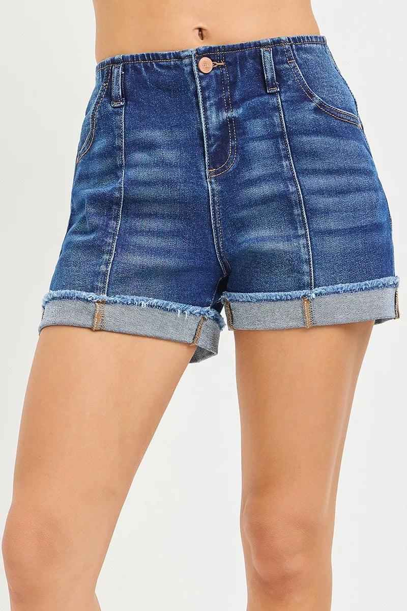 Dark Wash Slouchy Cuffed Denim Shorts by Risen Front View