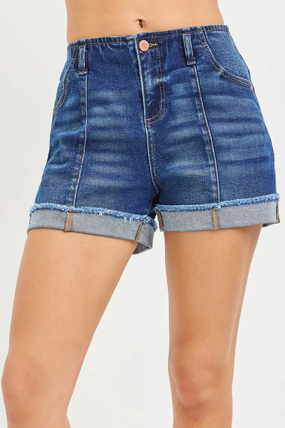 Dark Wash Slouchy Cuffed Denim Shorts by Risen Front View