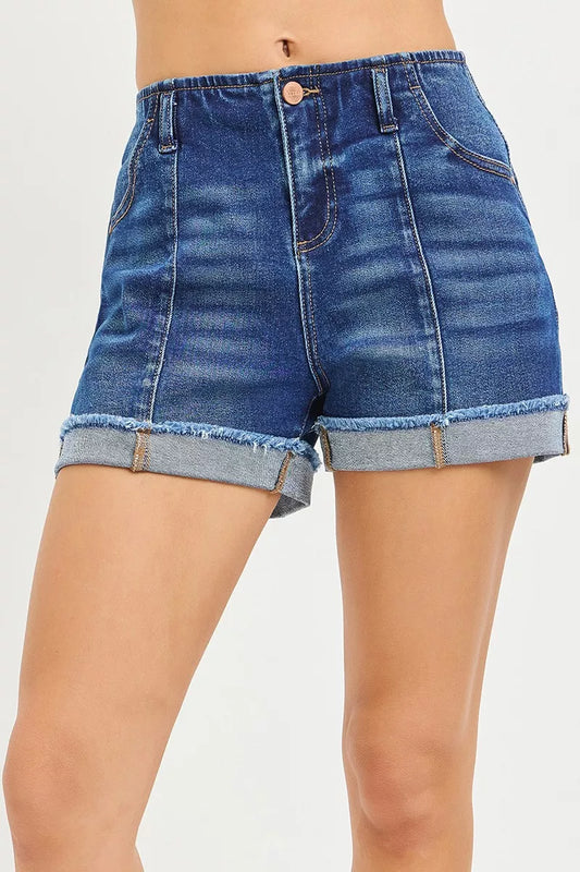 Dark Wash Slouchy Cuffed Denim Shorts by Risen Front View