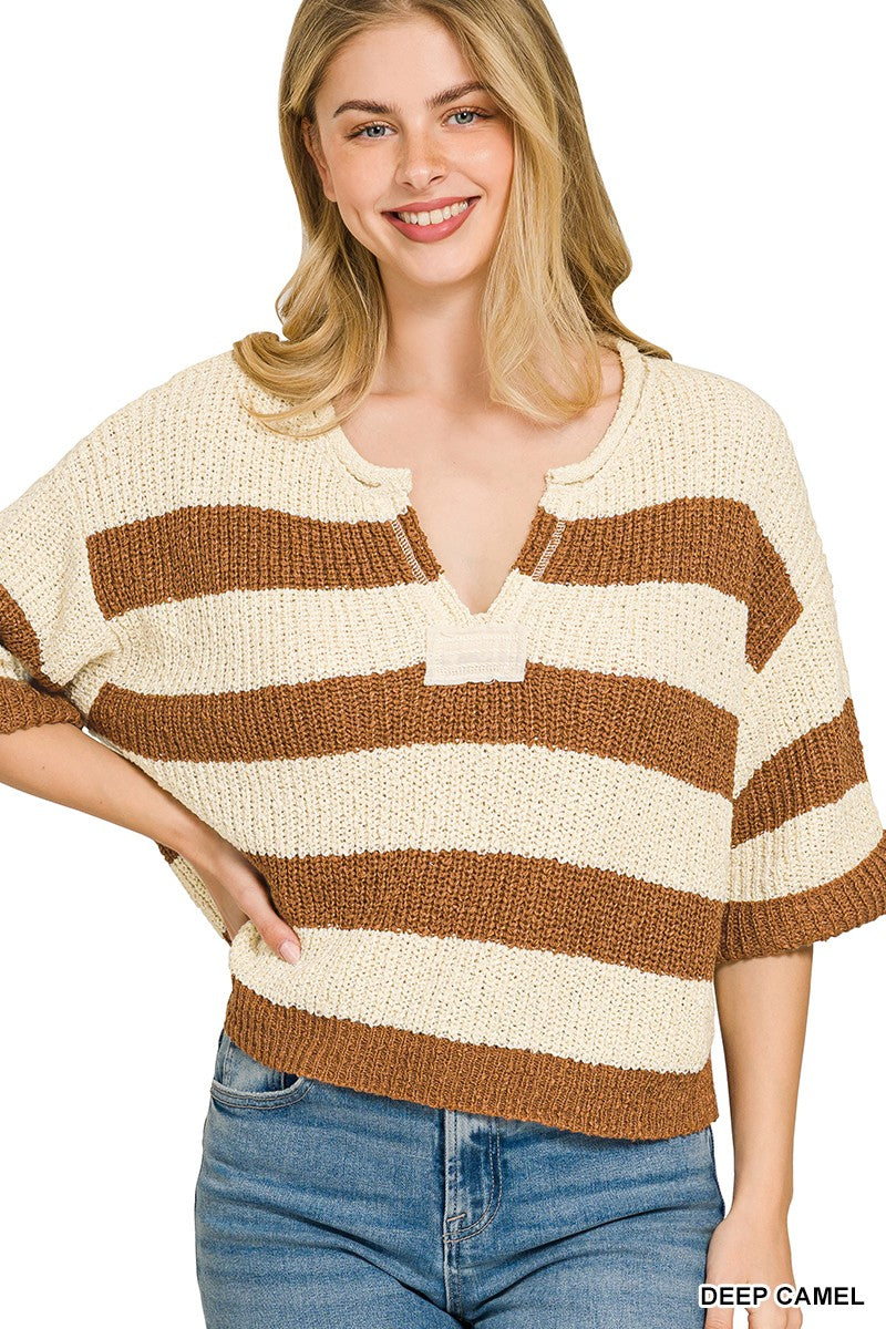 Deep Camel Split Neck Stripe Sweater by Zenana Front View