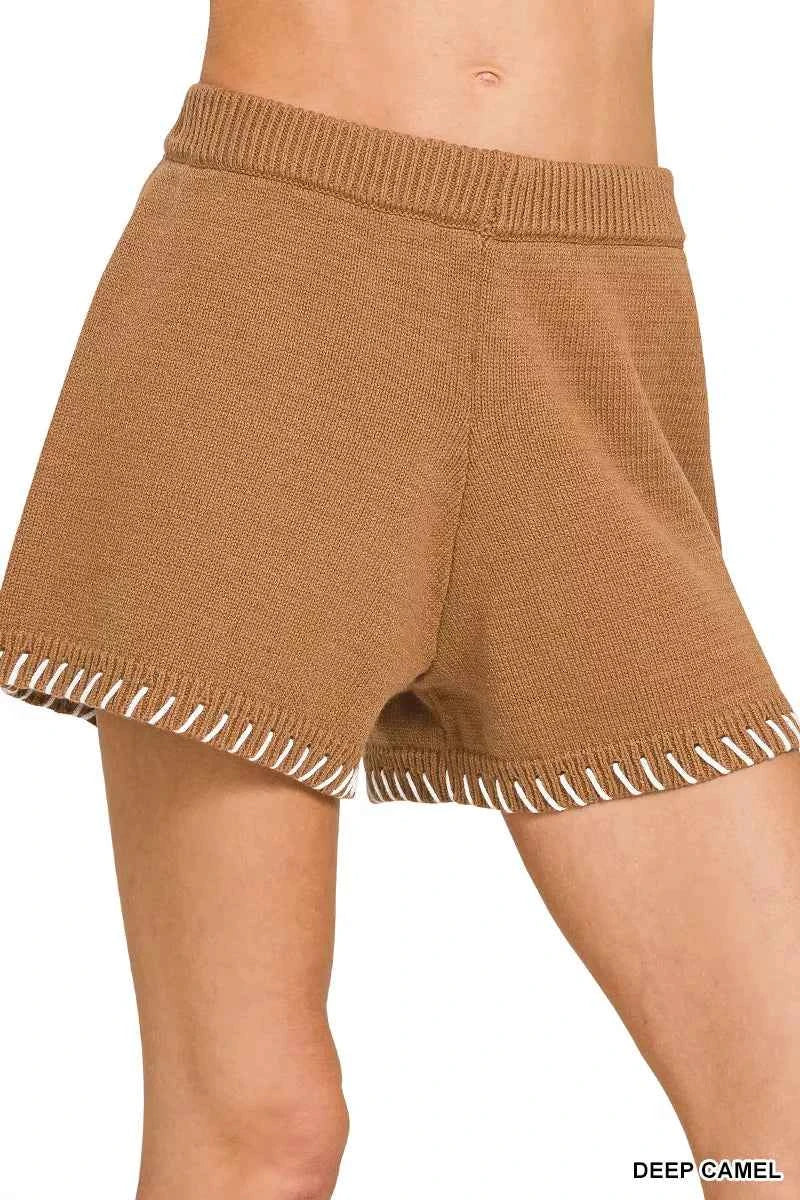Deep Camel Stitch Detailed Sweater Shorts by Zenana