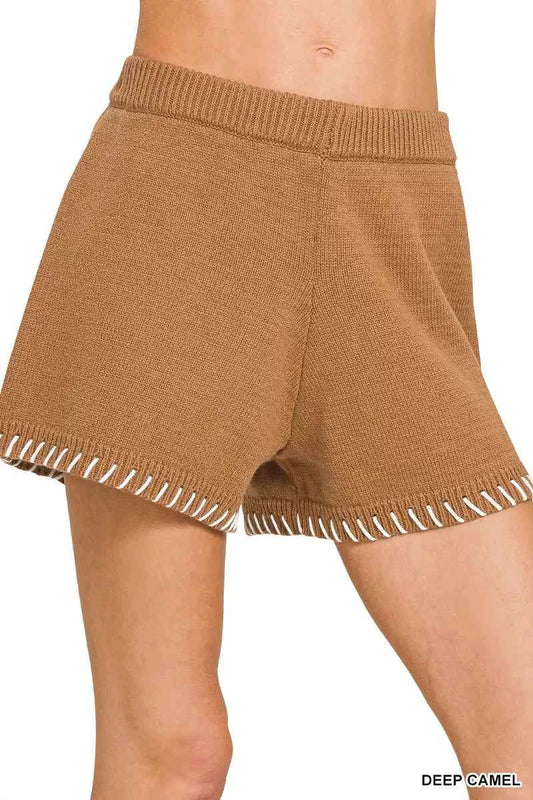 Deep Camel Stitch Detailed Sweater Shorts by Zenana