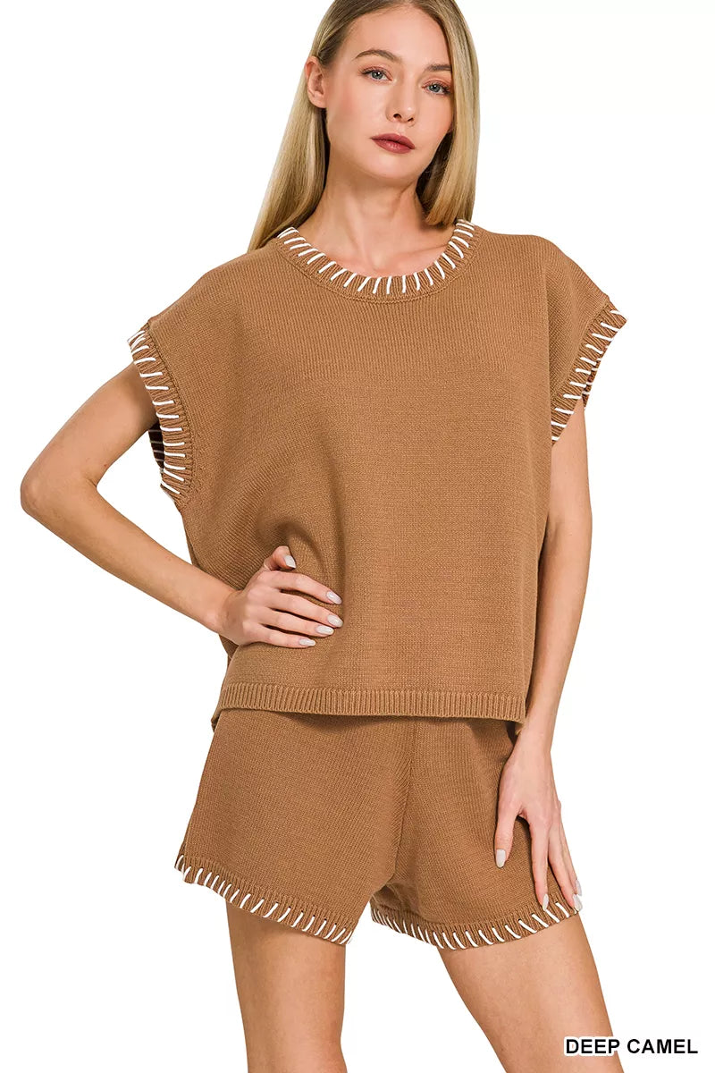 Deep Camel Stitch Detailed Sweater Shorts by Zenana Front View 2
