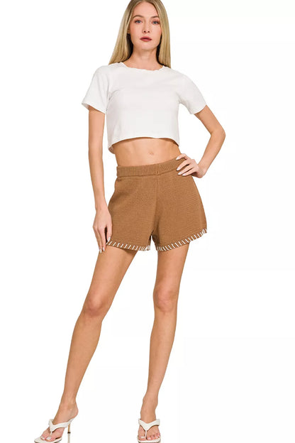 Deep Camel Stitch Detailed Sweater Shorts by Zenana Full View
