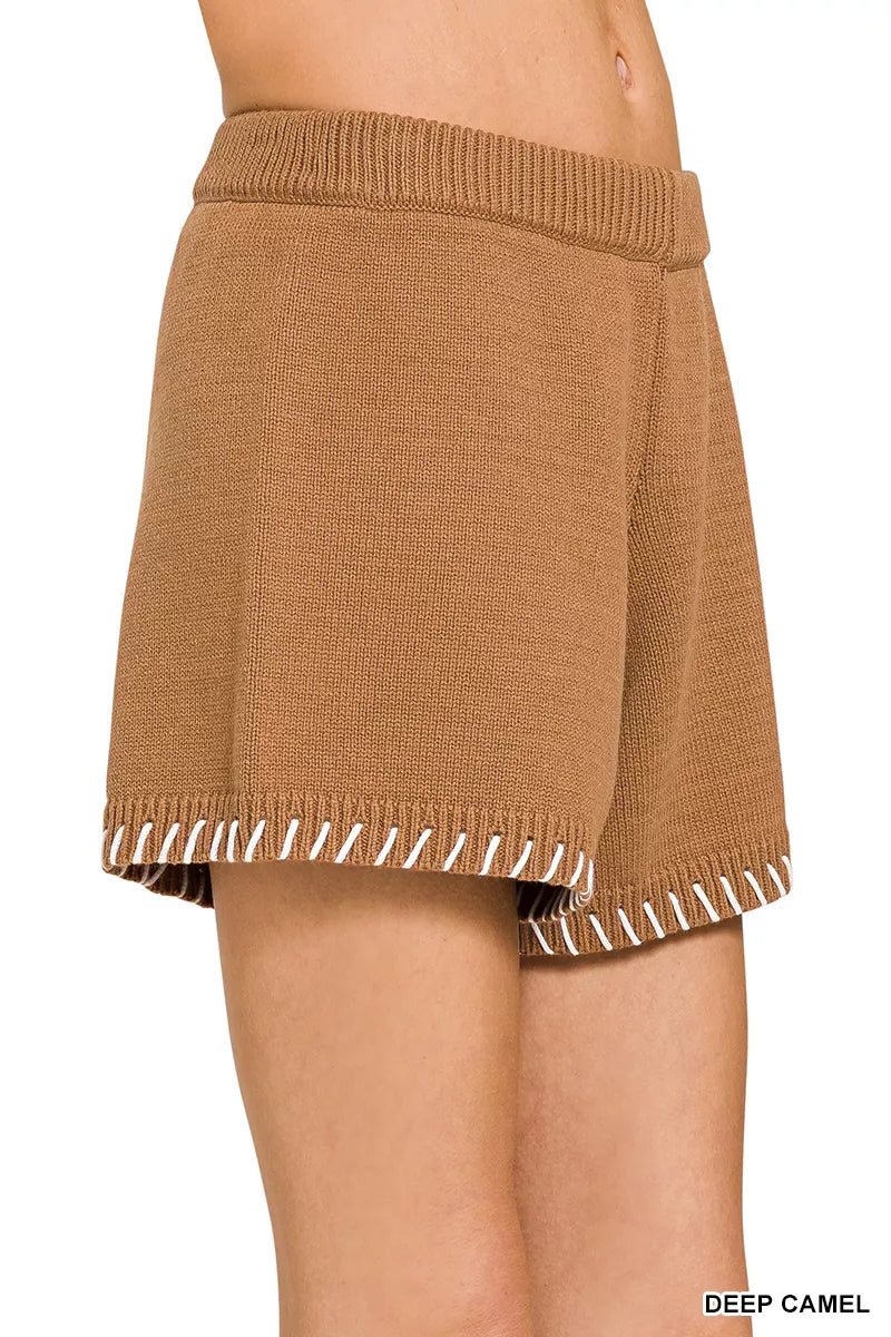 Deep Camel Stitch Detailed Sweater Shorts by Zenana Side View