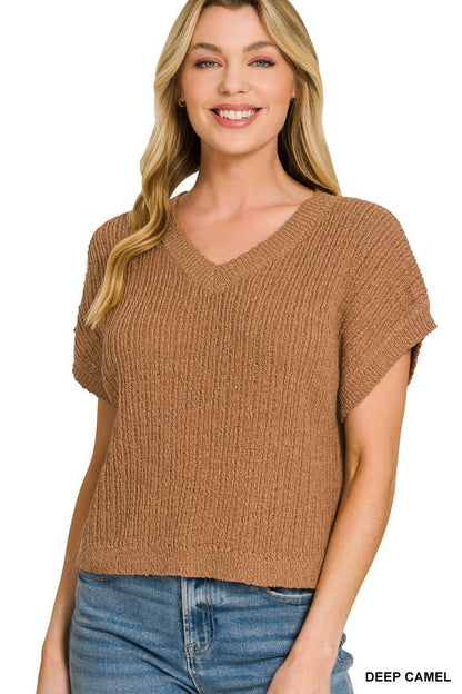Deep Camel Textured Knit V-Neck Cropped Sweater Top by Zenana Front View