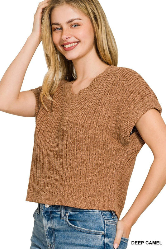 Deep Camel Textured Knit V-Neck Cropped Sweater Top by Zenana Side View