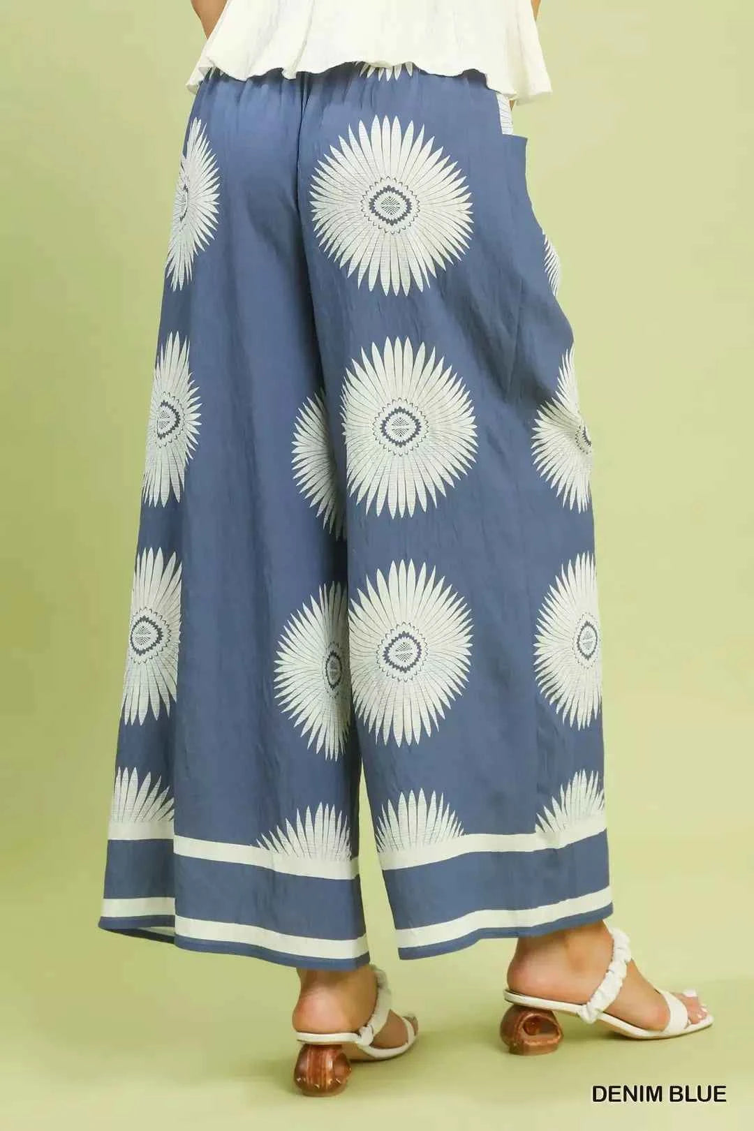 Denim Blue Abstract Border Print Wide Leg Pants w/ Pockets by Umgee