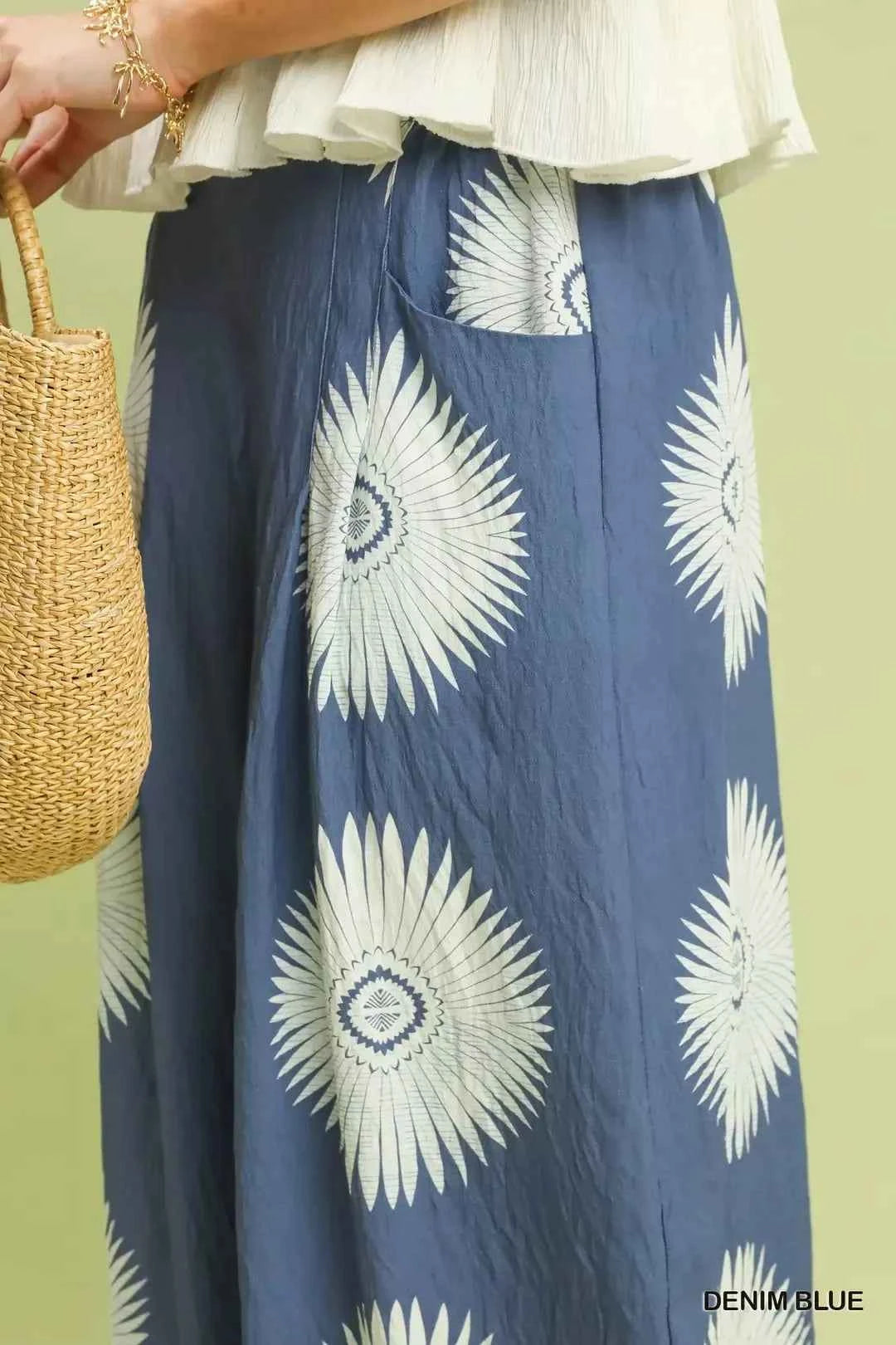 Denim Blue Abstract Border Print Wide Leg Pants w/ Pockets by Umgee