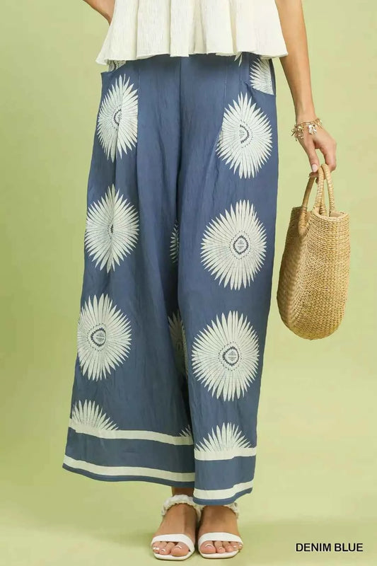 Denim Blue Abstract Border Print Wide Leg Pants w/ Pockets by Umgee