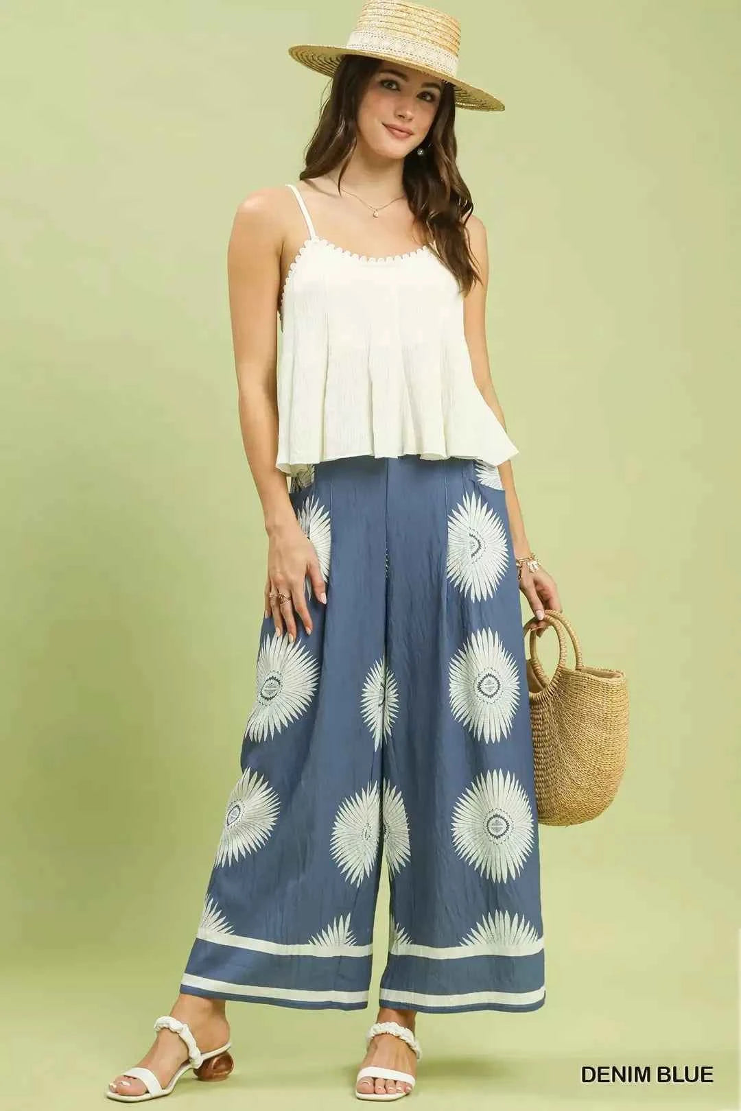 Denim Blue Abstract Border Print Wide Leg Pants w/ Pockets by Umgee