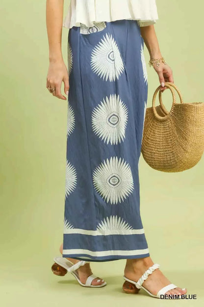Denim Blue Abstract Border Print Wide Leg Pants w/ Pockets by Umgee
