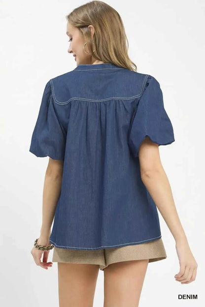 Denim Button Front Puff Sleeve Boho Blouse by Umgee