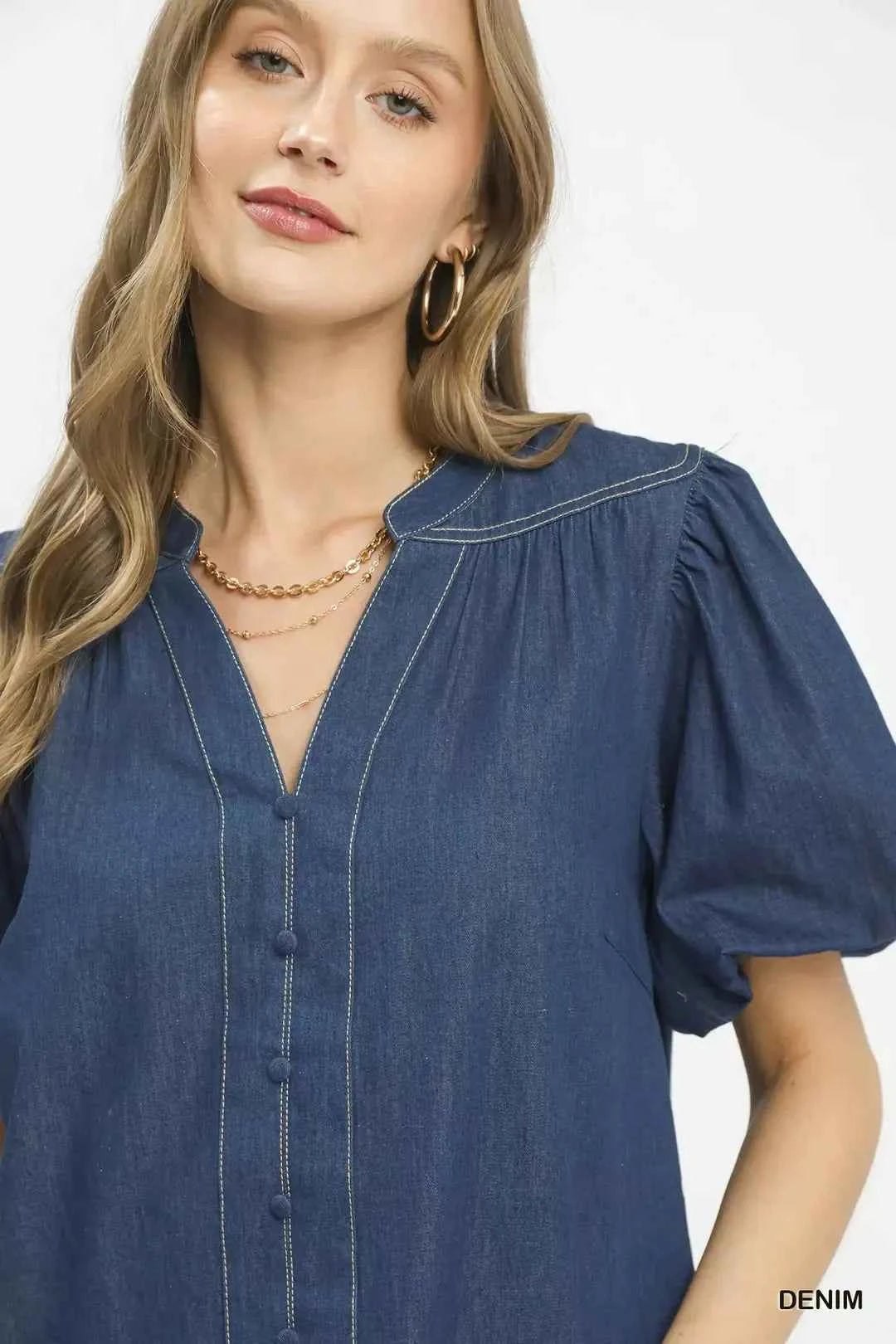 Denim Button Front Puff Sleeve Boho Blouse by Umgee