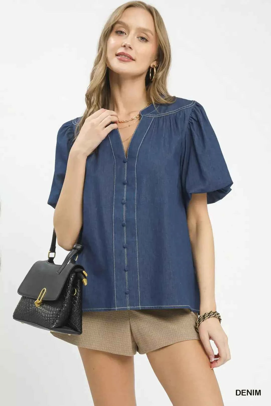 Denim Button Front Puff Sleeve Boho Blouse by Umgee