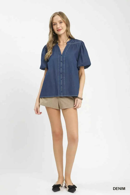 Denim Button Front Puff Sleeve Boho Blouse by Umgee