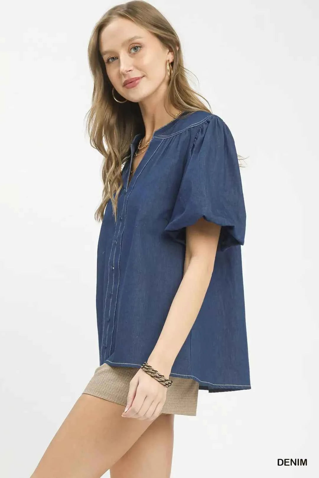 Denim Button Front Puff Sleeve Boho Blouse by Umgee