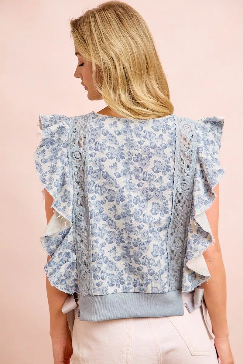 Denim Floral Print Twill Lace Trim Detail Side Bow Tied Top by BiBi Back View