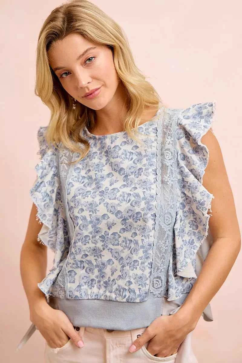 Denim Floral Print Twill Lace Trim Detail Side Bow Ties Top by BiBi