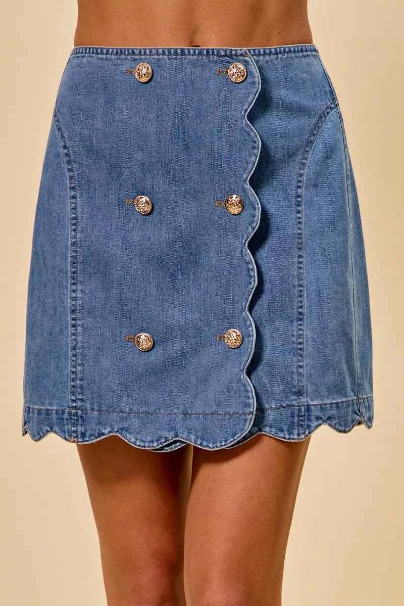 Denim Scalloped Buttoned Front Skirt by So Me