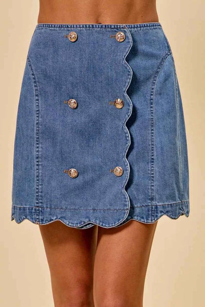 Denim Scalloped Buttoned Front Skirt by So Me
