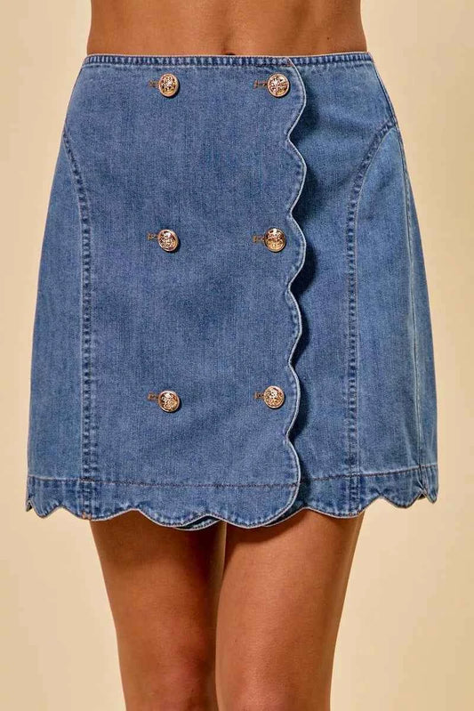 Denim Scalloped Buttoned Front Skirt by So Me