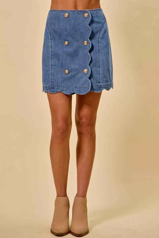 Denim Scalloped Buttoned Front Skirt by So Me
