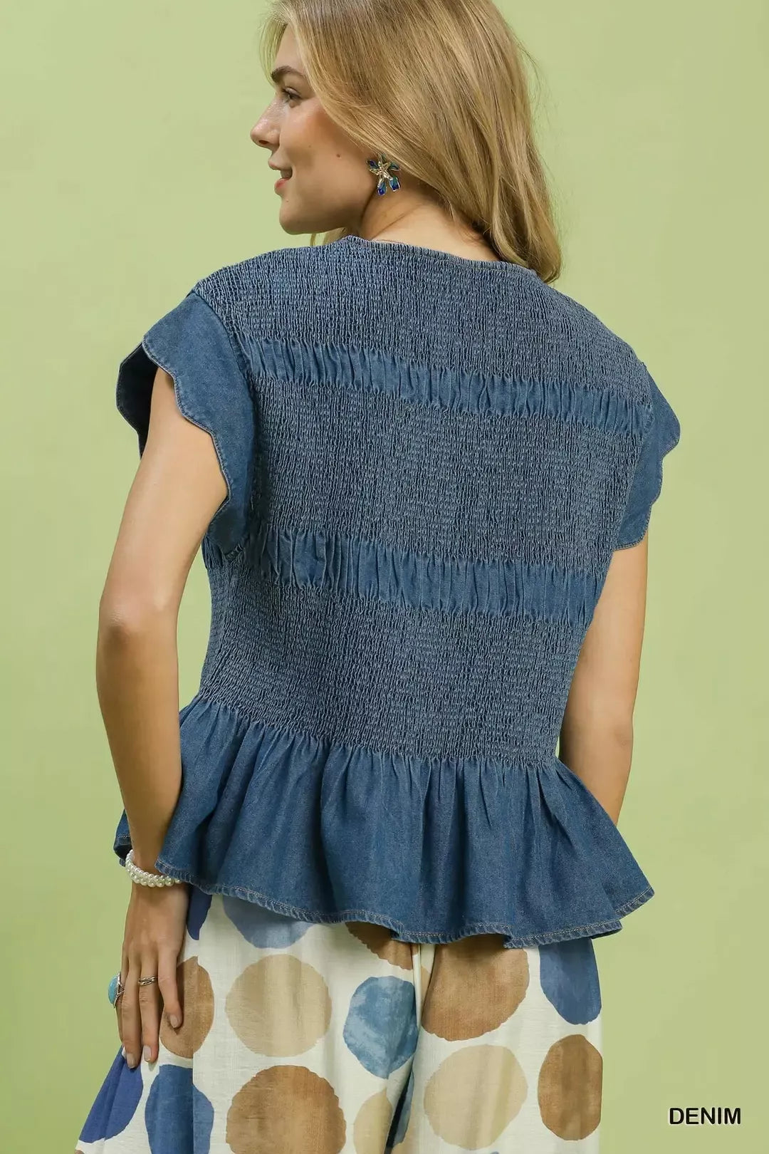 Denim Smocked Peplum Top with Scalloped Ruffle Cap Sleeves by Umgee Back view