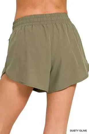 Dusty Olive Soft Woven Lined Shorts With Zip Coin Pocket by Zenana