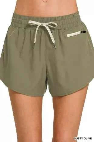 Dusty Olive Soft Woven Lined Shorts With Zip Coin Pocket by Zenana
