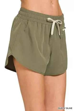Dusty Olive Soft Woven Lined Shorts With Zip Coin Pocket by Zenana