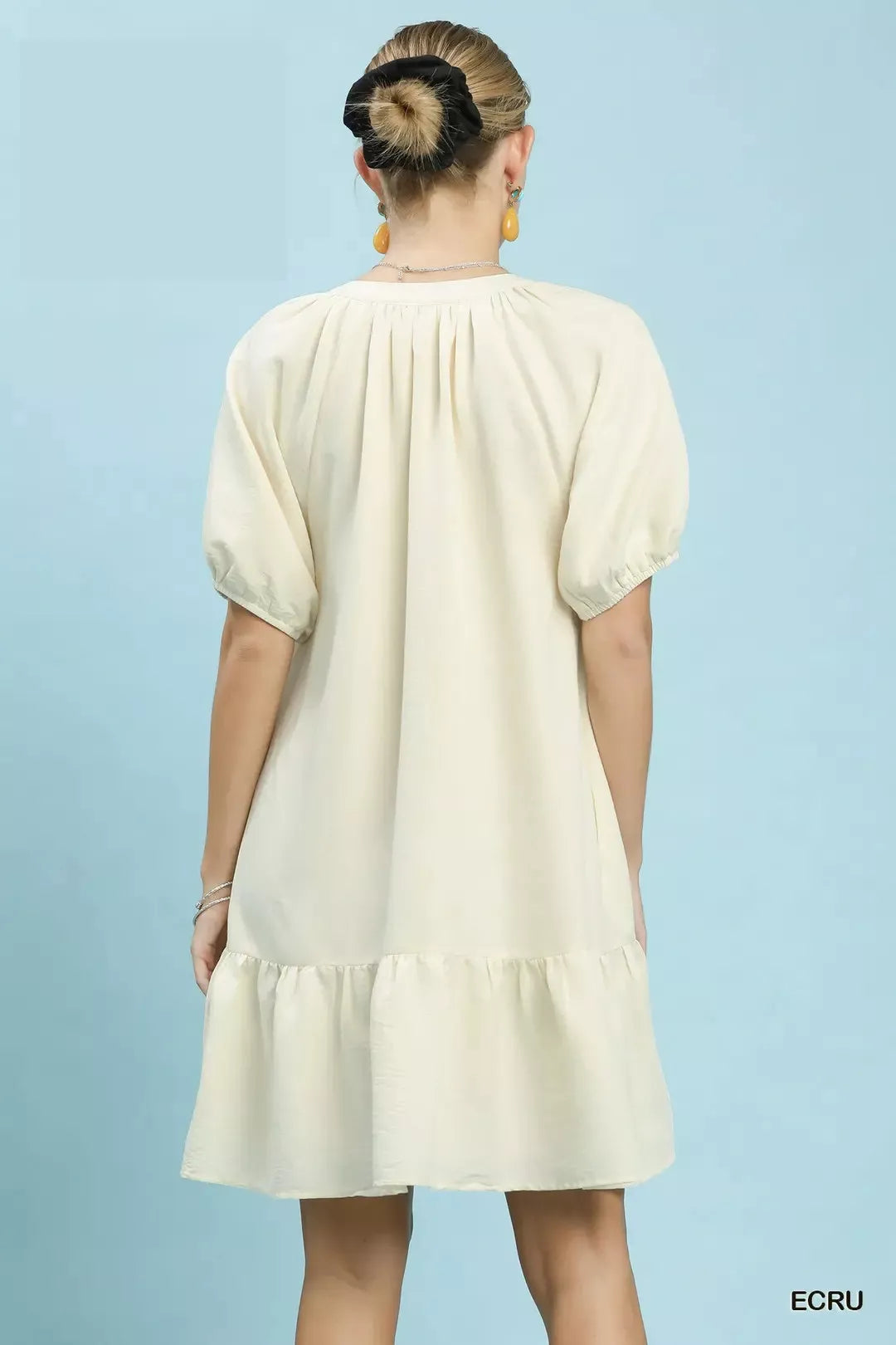 Ecru Embroidered Floral Babydoll Dress with Pockets by Umgee Back View
