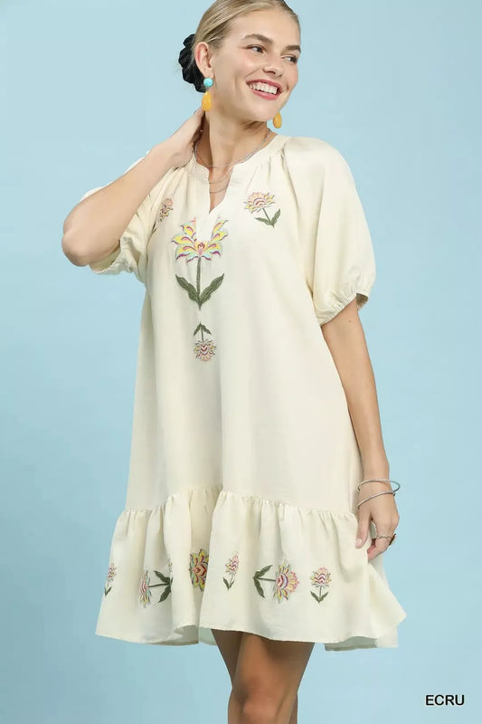Ecru Embroidered Floral Babydoll Dress with Pockets by Umgee Front View