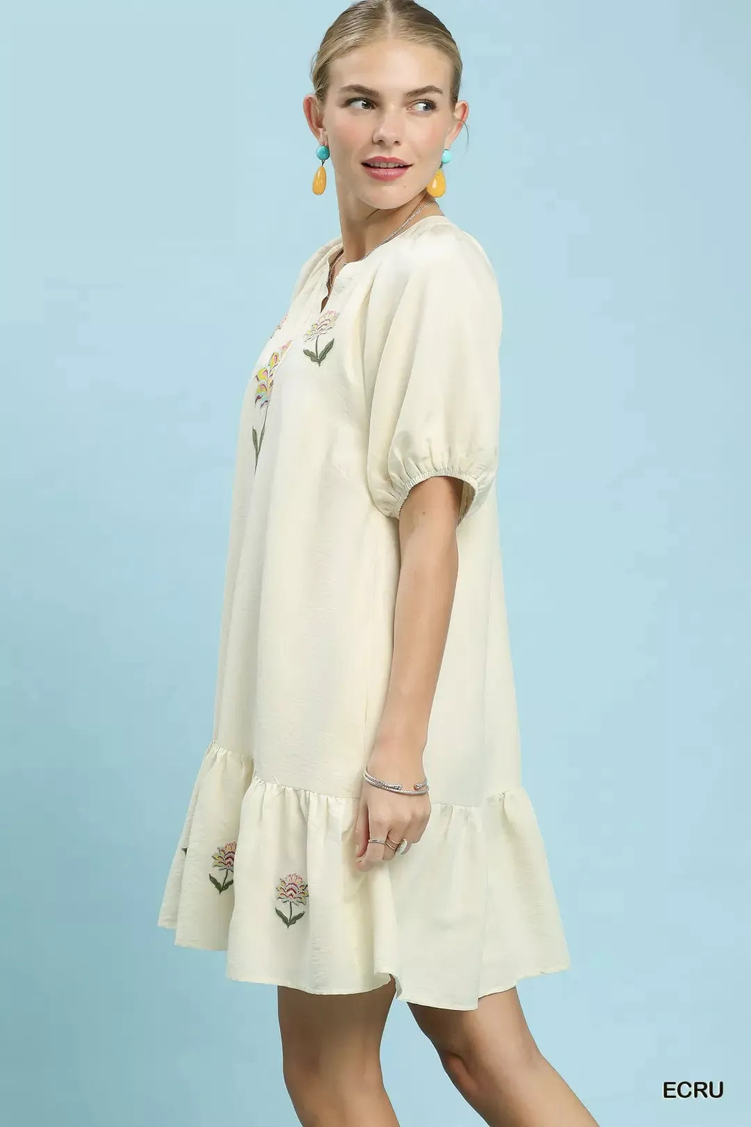 Ecru Embroidered Floral Babydoll Dress with Pockets by Umgee Side View