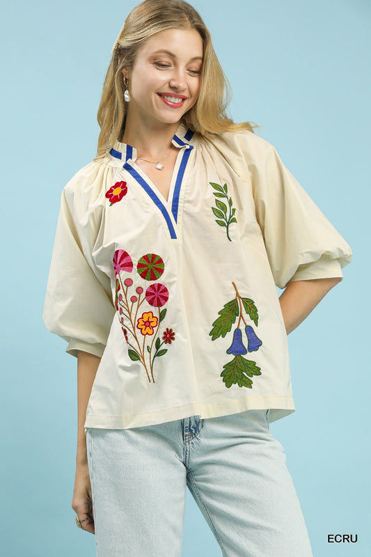 Ecru Embroidered Floral V-Neck Blouse by Umgee Front View