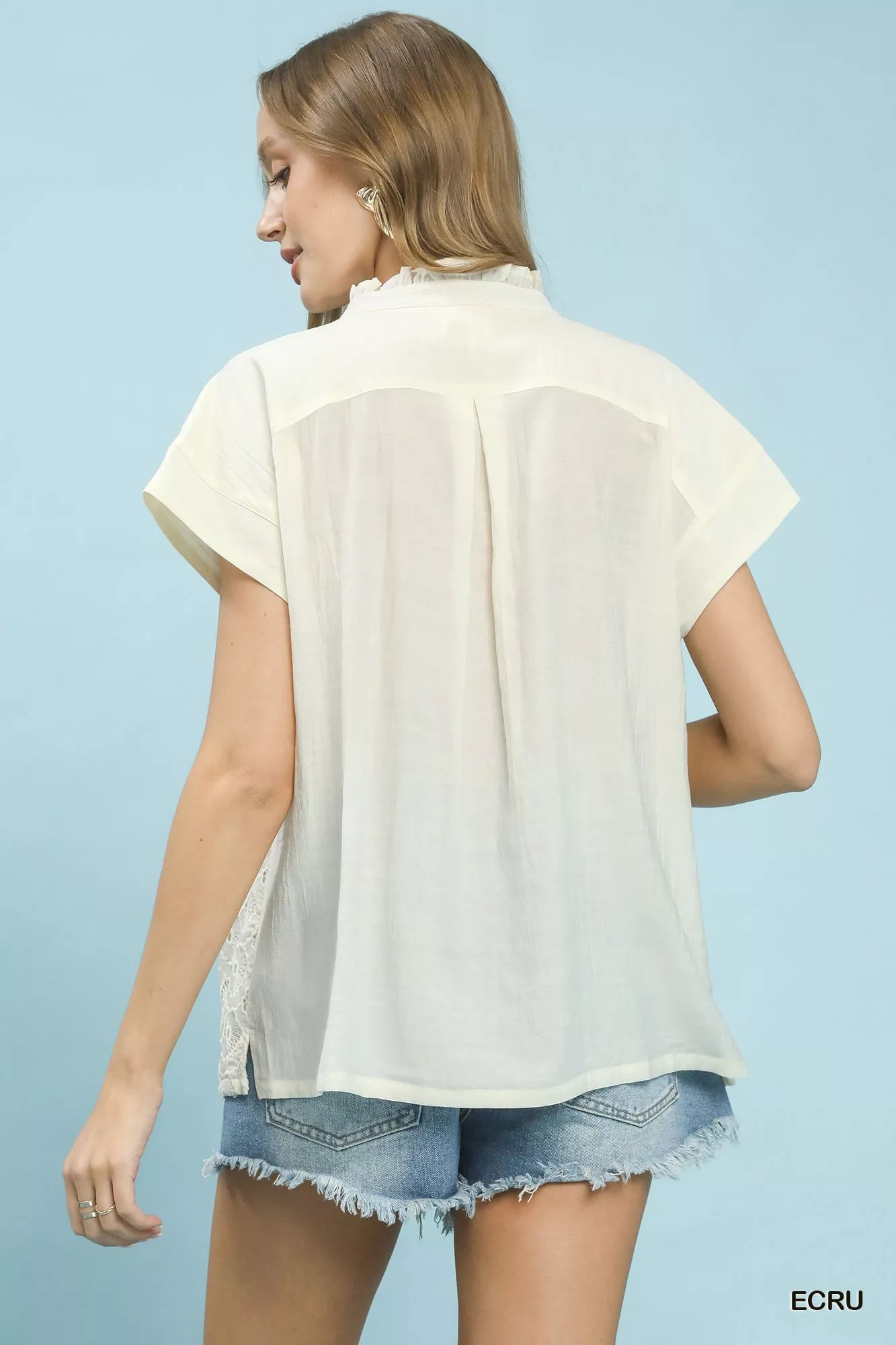 Ecru Lace Button Front Blouse|Feminine Detail & Relaxed Fit by Umgee Back View