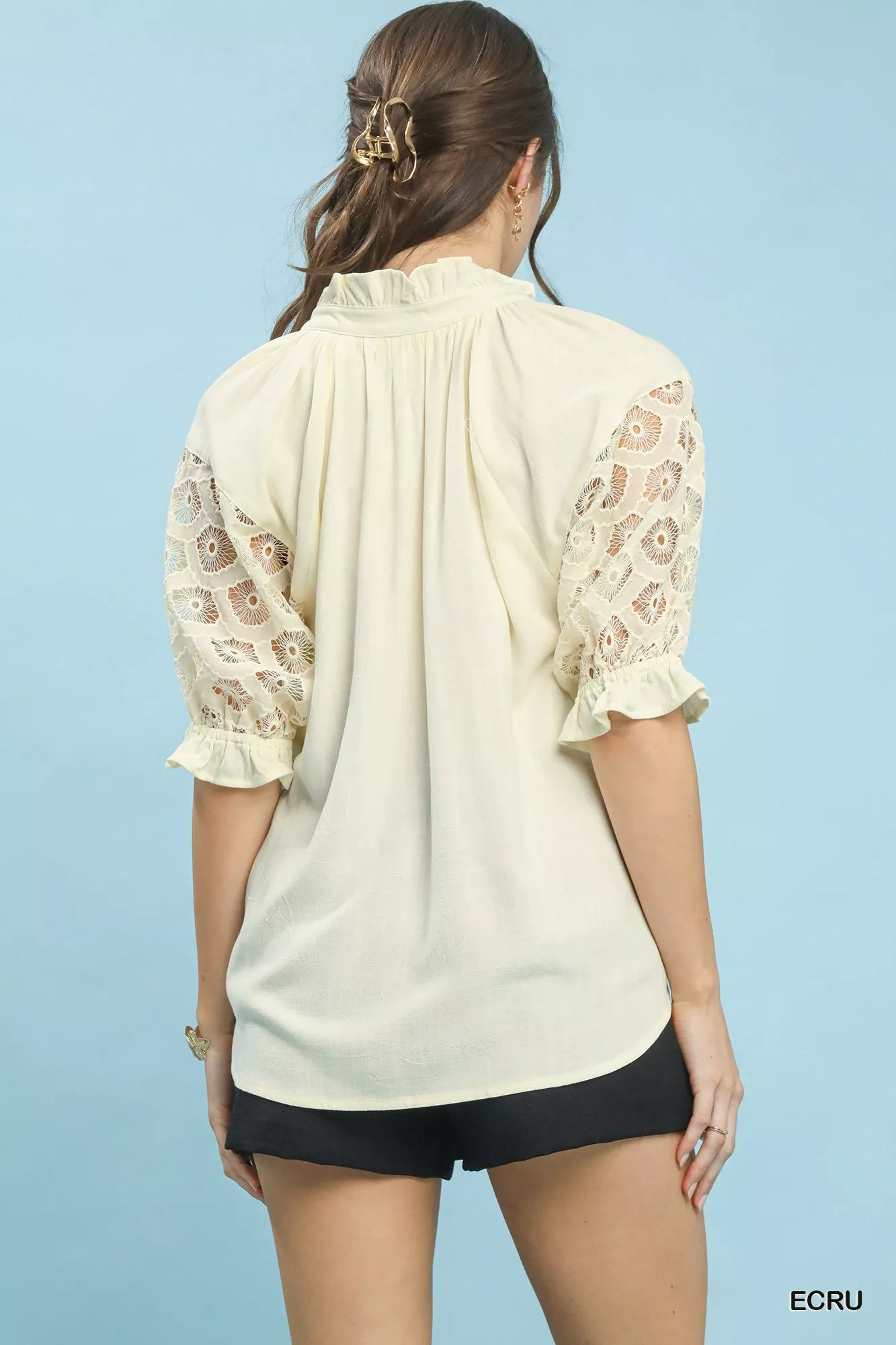 Ecru Linen Blend V-Neck Lace Puff Sleeve Top by Umgee | Lightweight Summer Blouse Back View