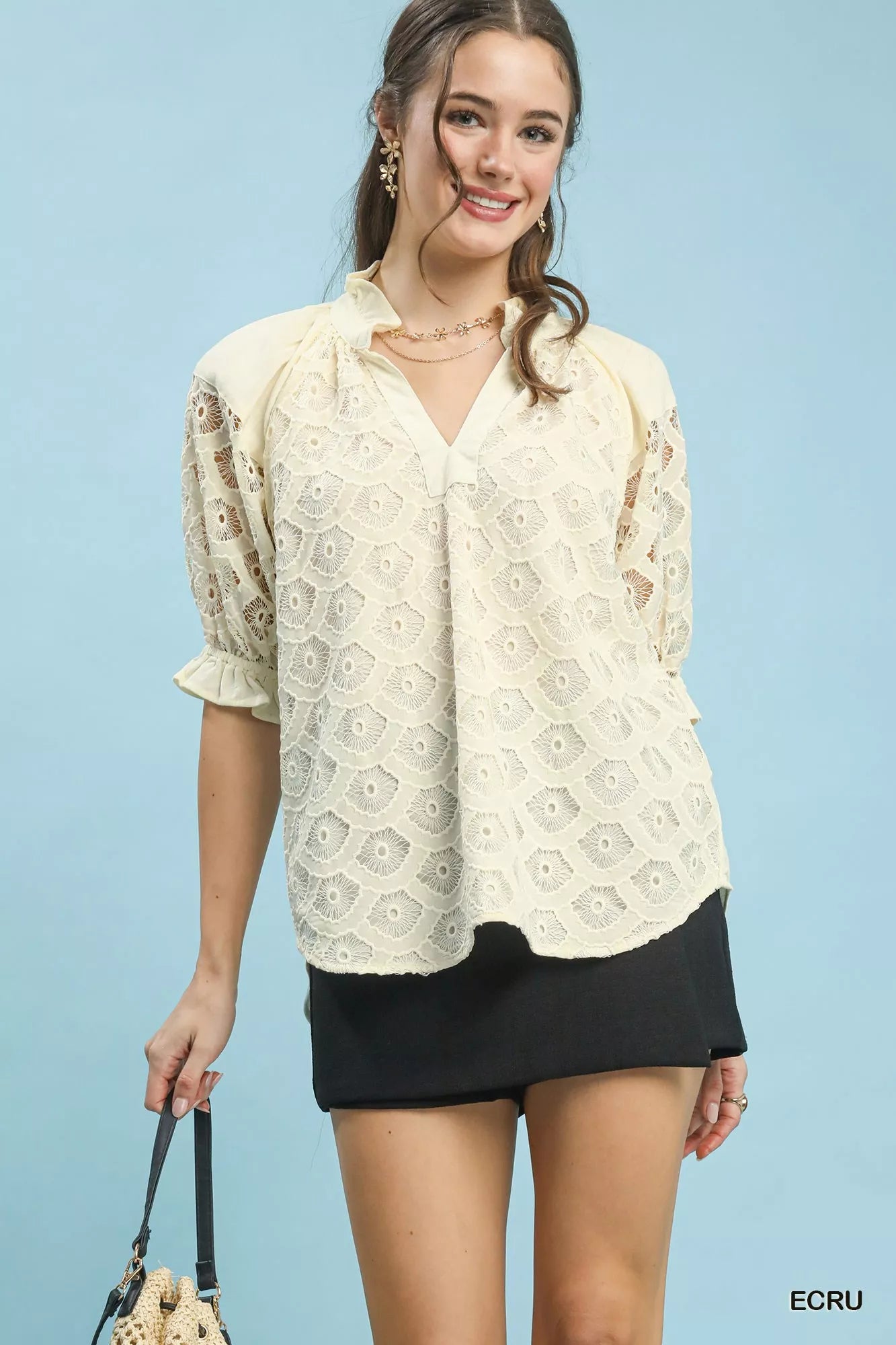 Ecru Linen Blend V-Neck Lace Puff Sleeve Top by Umgee | Lightweight Summer Blouse Front View