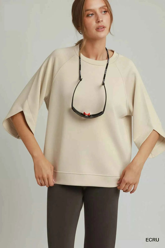 Ecru Luxe Knit Round Hem Raglan 3/4 Sleeve Top by Umgee