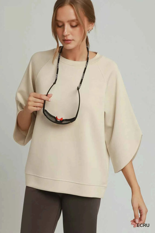 Ecru Luxe Knit Round Hem Raglan 3/4 Sleeve Top by Umgee