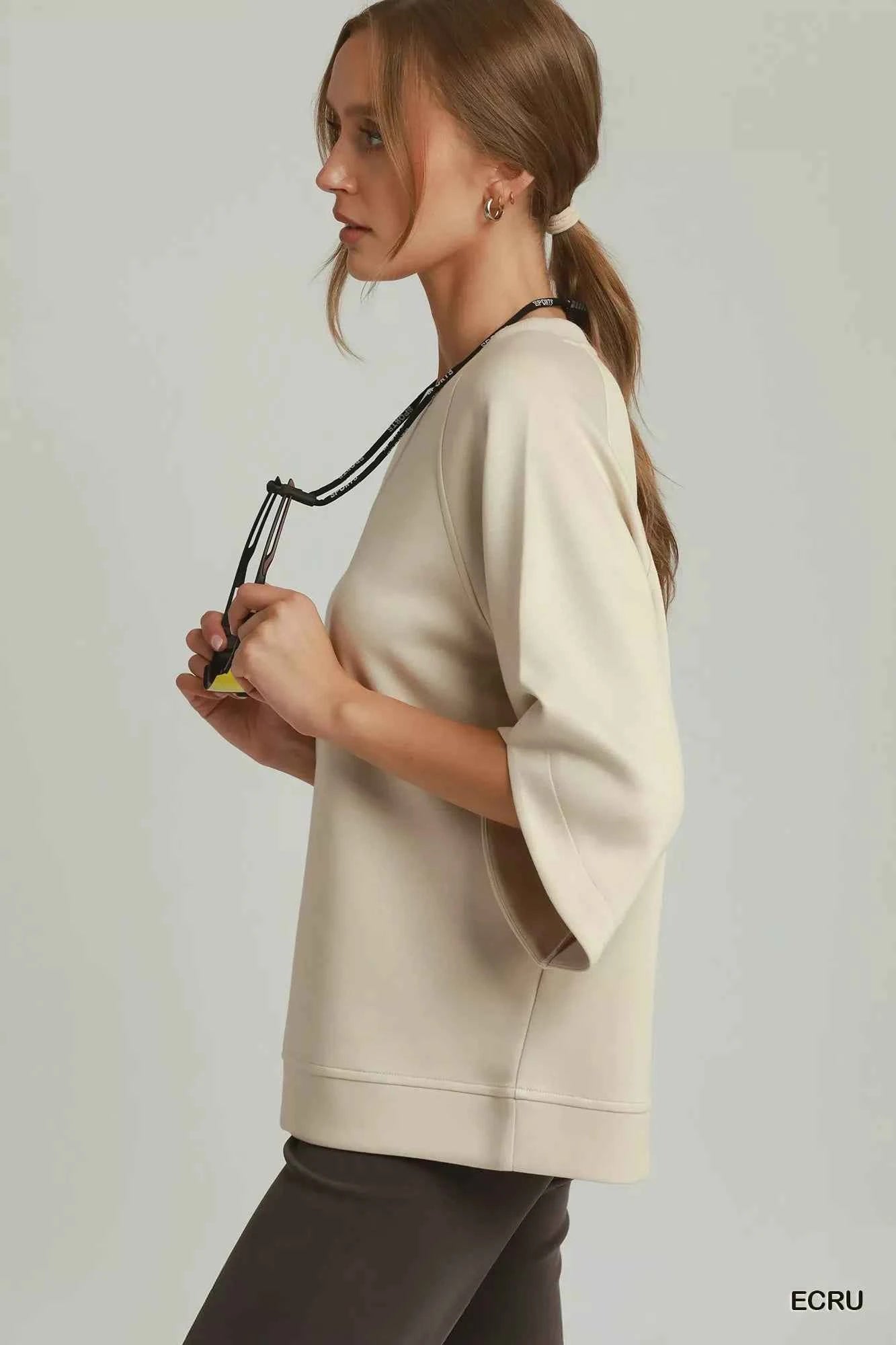 Ecru Luxe Knit Round Hem Raglan 3/4 Sleeve Top by Umgee