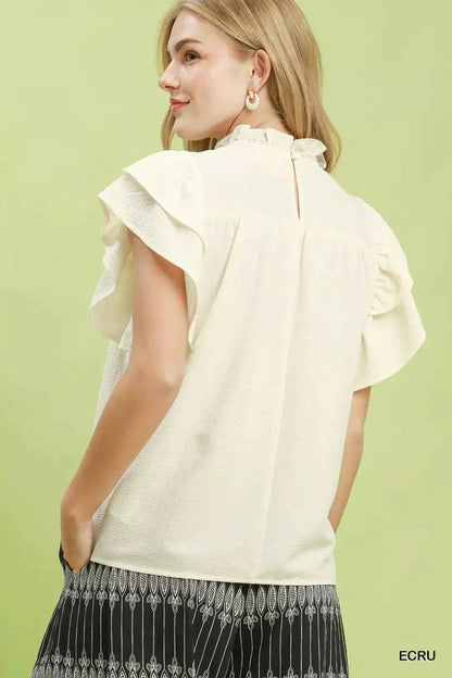 Ecru Smocked Ruffle Sleeve Blouse by Umgee
