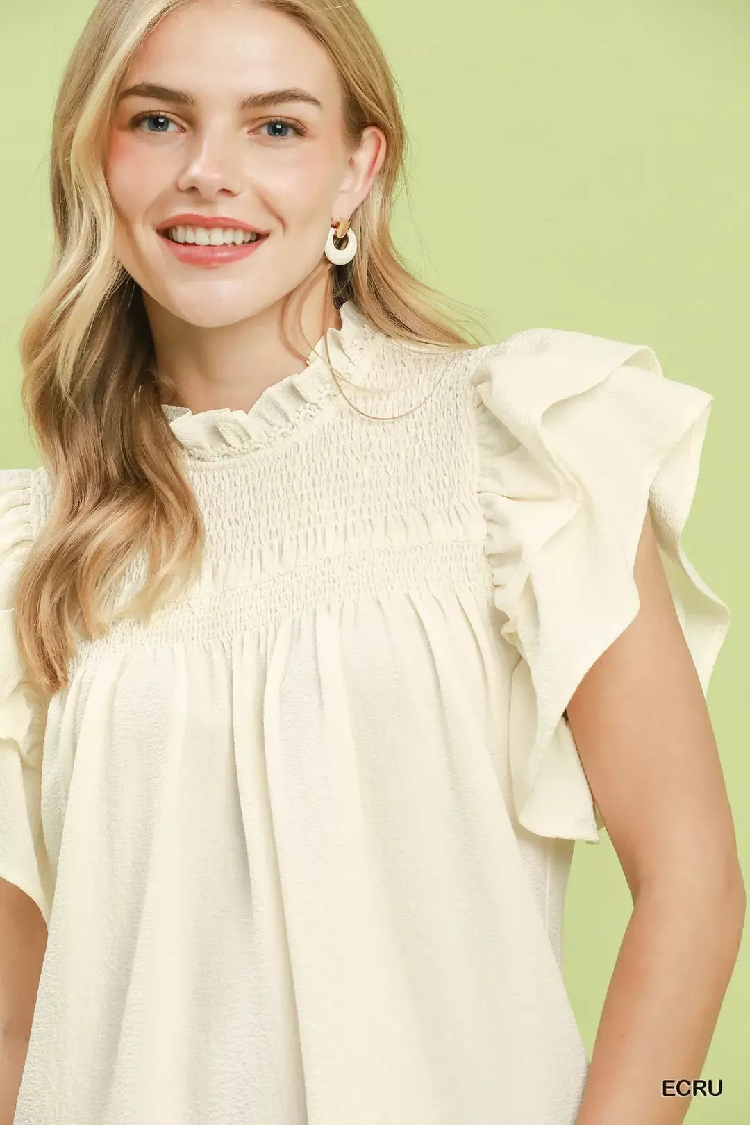 Ecru Smocked Ruffle Sleeve Blouse by Umgee close view
