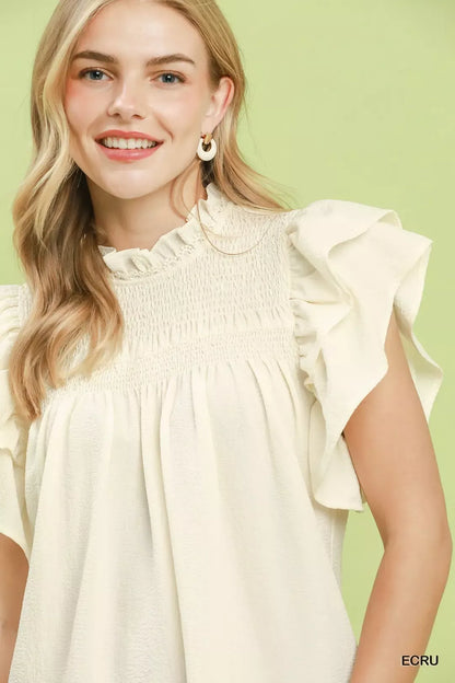 Ecru Smocked Ruffle Sleeve Blouse by Umgee close view