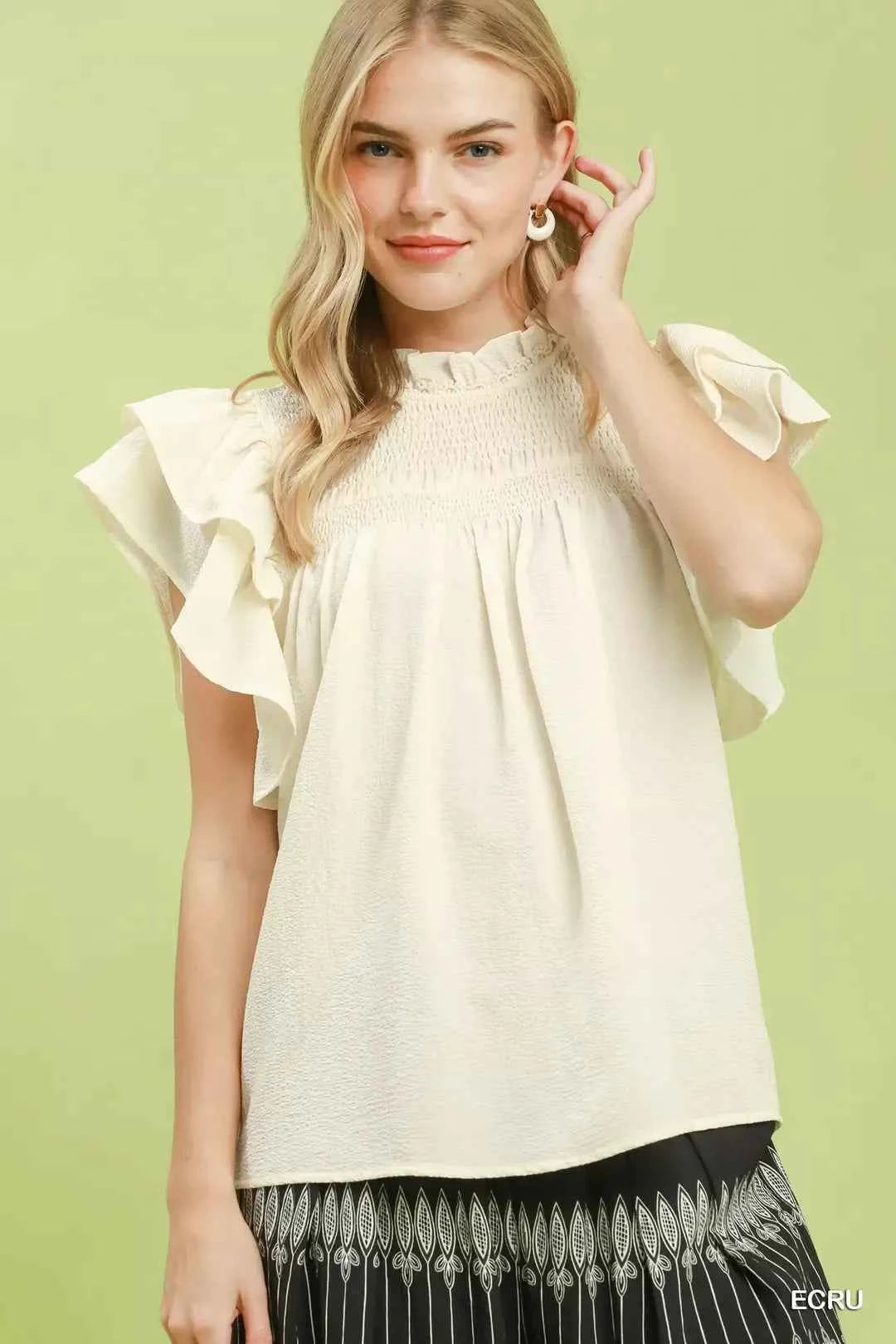 Ecru Smocked Ruffle Sleeve Blouse by Umgee